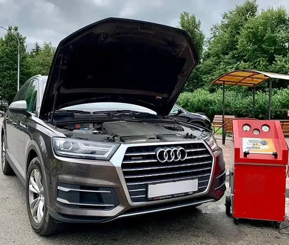 A car, with its hood open, is parked beside a red machine in an outdoor setting. Overcast skies and lush greenery create a calm, neutral atmosphere.